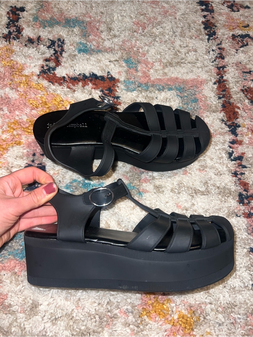 Jeffrey Campbell Black Platform Fisherman Sandals - Chunky T-Strap